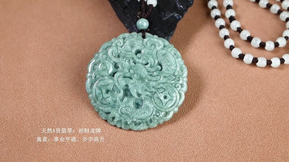 Real Grade A Natural Green Jade Jadeite Dragon Lucky Pendant Beads Necklace