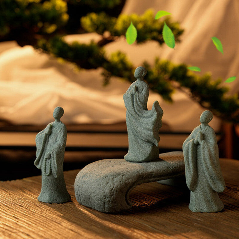 Zen Green Sand Stone Chinese Monk Tea Ceremony Buddha Bonsai Tank Decoration