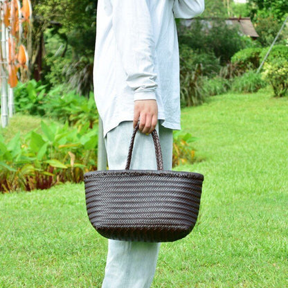 Genuine Leather Woven Shoulder Bag Casual Shopping Bag Vintage Tote Purse Brown