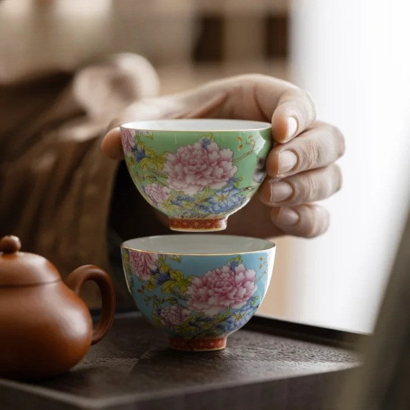 65ml Chinese Enamel Tea Cup Ceramic Peony Master Cup Tea Set Small Tea Bowl