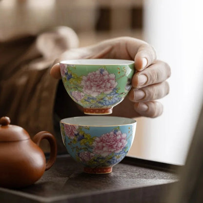 65ml Chinese Enamel Tea Cup Ceramic Peony Master Cup Tea Set Small Tea Bowl