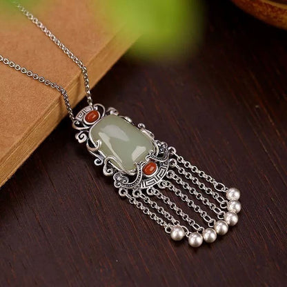Vintage Tassel Bell Pendant Necklace Natural Jade Agate Silver Plated Set
