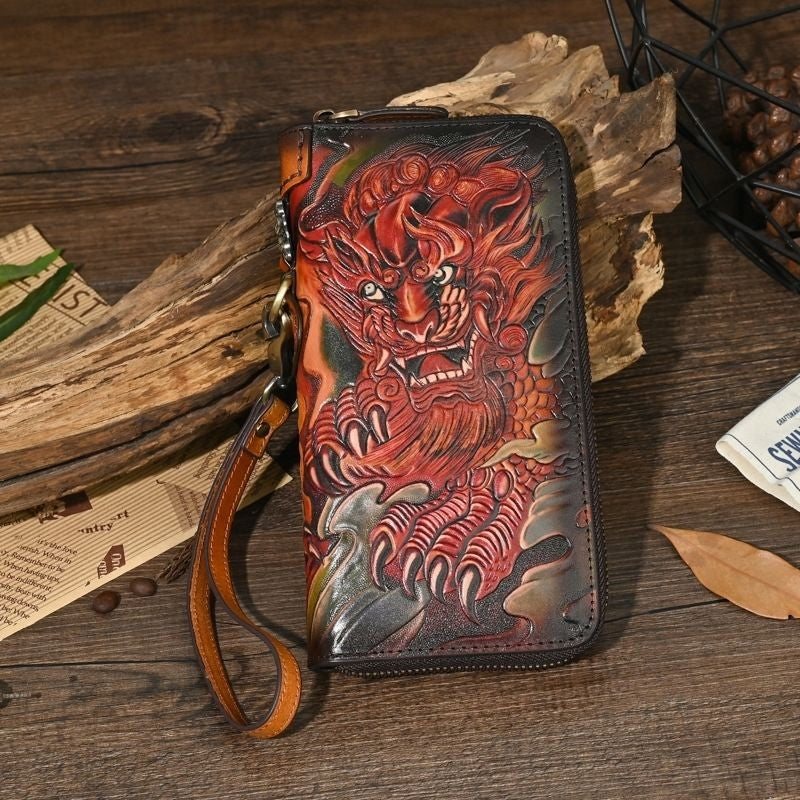 Chinese Style Leather Carved Pixiu Wallet Top Layer Cowhide Long Clutch Purse