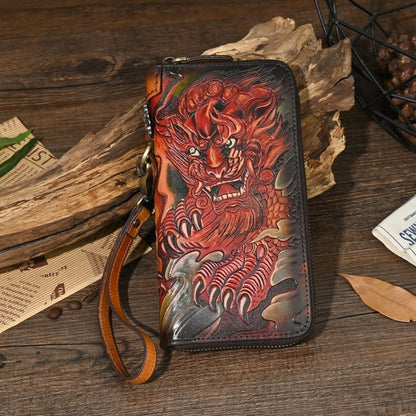 Chinese Style Leather Carved Pixiu Wallet Top Layer Cowhide Long Clutch Purse