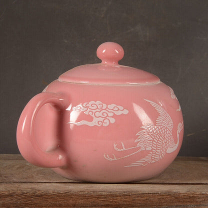 Jingdezhen Porcelain Peach Blossom White Crane Piercing Cloud Holding Pot Teapot