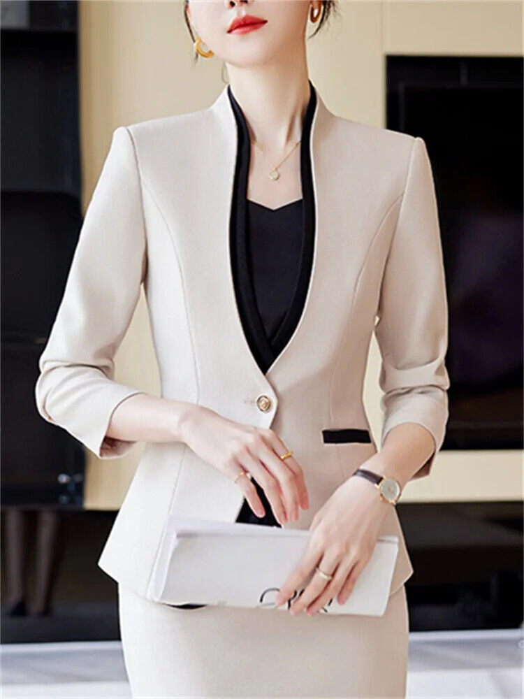 2 Piece Sets Women Office Ladies V Neck Single Button Blazers Skirt Suits