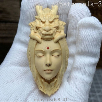 Boxwood Carved Chinese Dragon Girl Bead Chain Pendant Decor