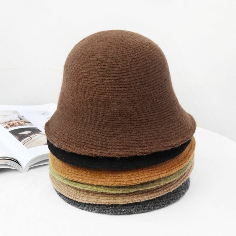 Women's Bucket Hat Warm Winter Teens Felt Wool Fur Black Cap Solid Multifunction