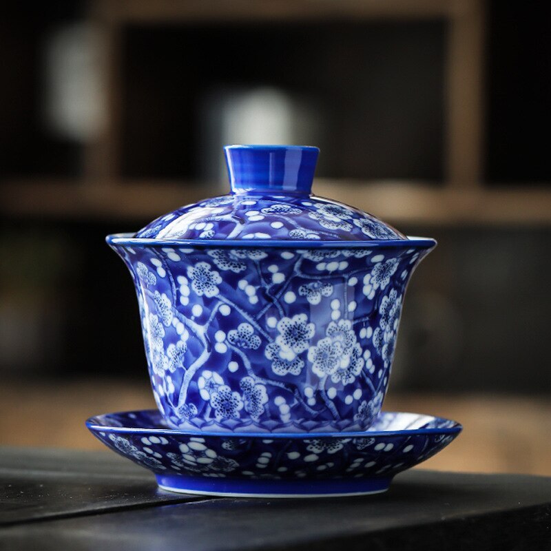 Blue and White Porcelain Gaiwan Full Color Porcelain Set Three-Piece Tea Tureen