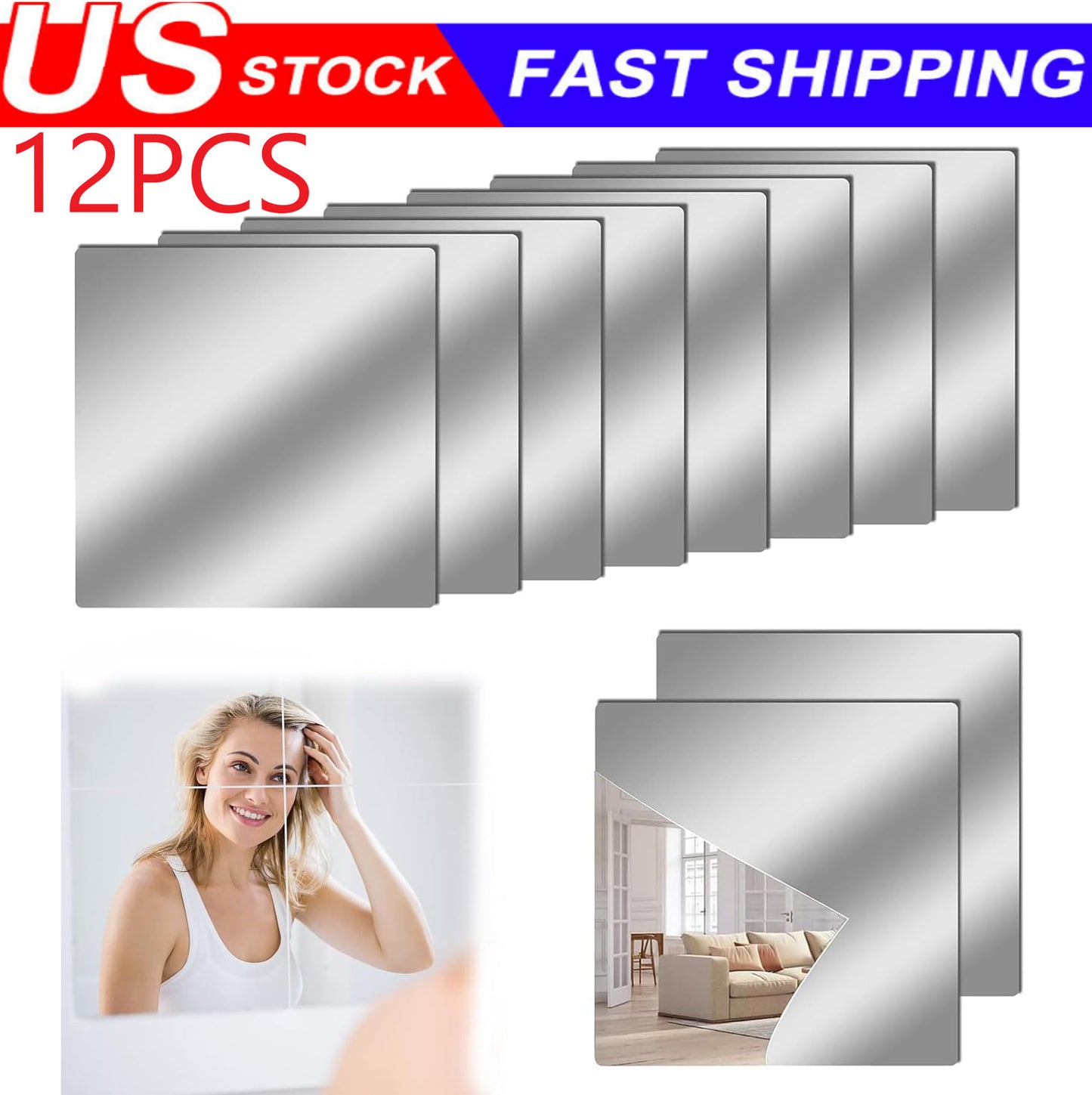 12PCS Self Adhesive Mirror Reflective Wall Sticker Film Paper Home Kitchen Decor