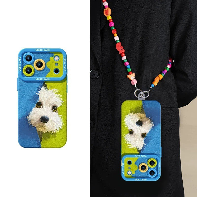 Cute Green Puppy Cartoon Phone Case with Lanyard for iPhone 17 Pro Max /16/15/14