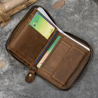 Genuine Leather Zipper Wallet Cowskin Short Purse Coin Pocket Zip Card Bag Small