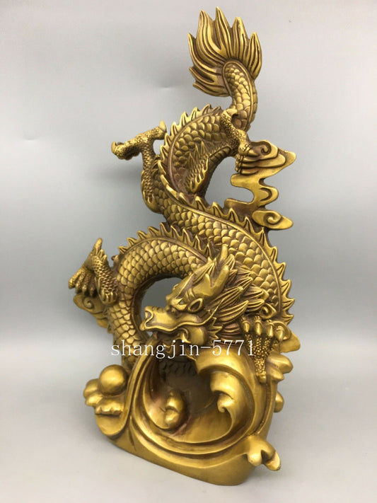 14.6" Chinese Ming dynasty brass large Standing dragon pattern statue