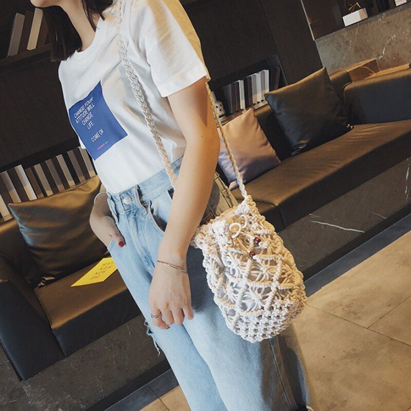 Cotton Rope Woven Shoulder Bag Handmade Knitted Bucket Bag Handbags 16*20*10 CM