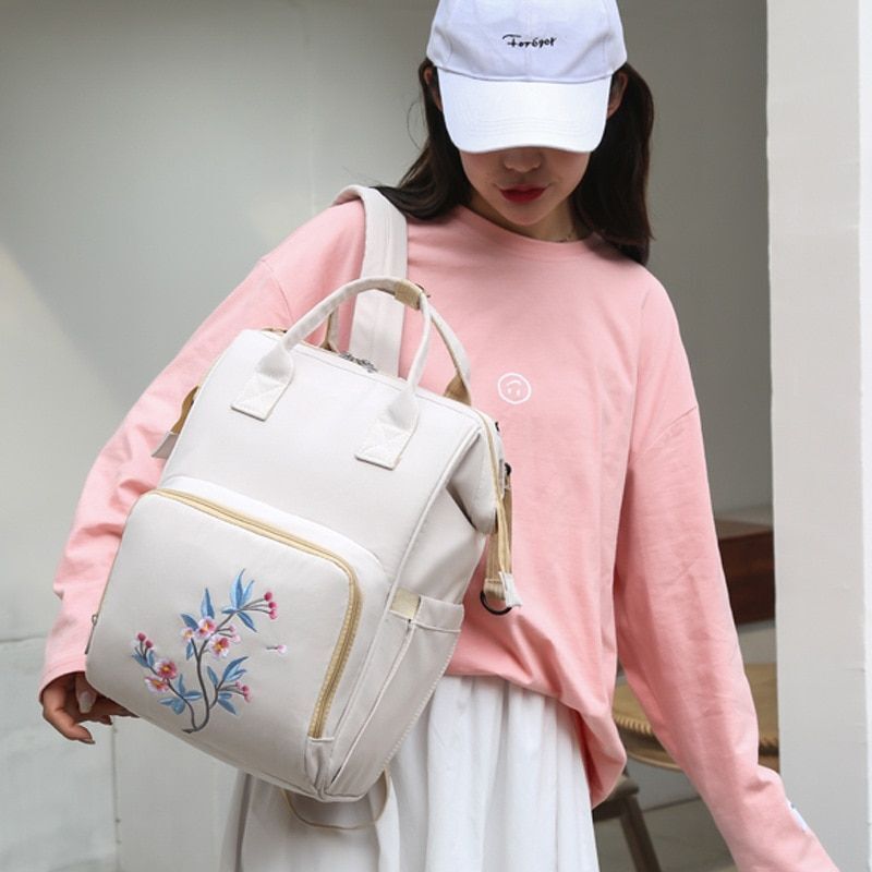 Big Women Bag Waterproof Baby Care Backpack Flower Embroidery Outdoor Traveling