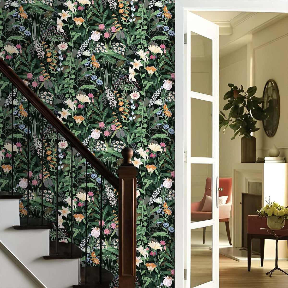 Boho Vintage Peel and Stick Wallpaper, Floral Wallpaper, Dark Green Black Flower