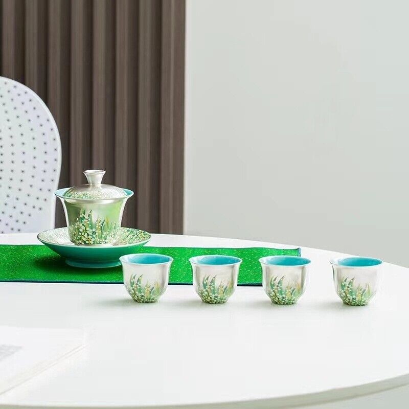 complete tea set silver plated gaiwan matching tea cup towel handmade floral new