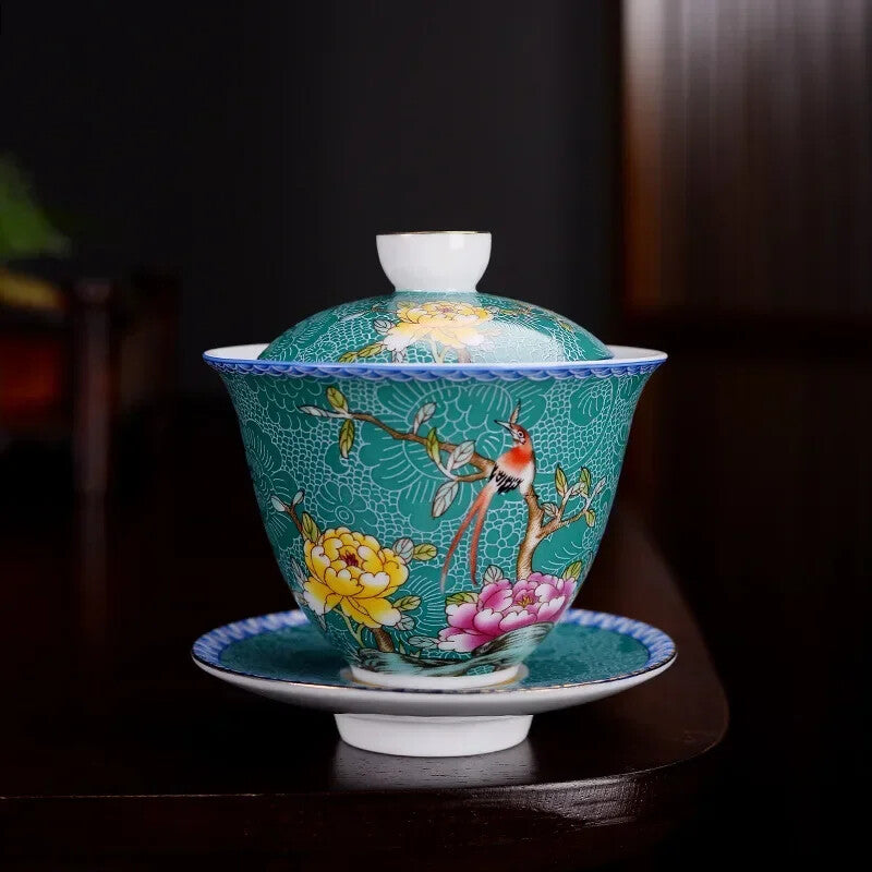 1PC Jingdezhen Gaiwan Enamel Color Tea Bowl Hand painted flower bird Teaset