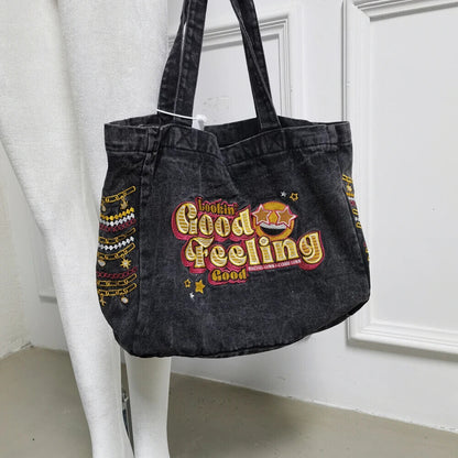 Retro Denim Jeans Tote Cool Girl Shoulder Bags Student Shopping Handbag