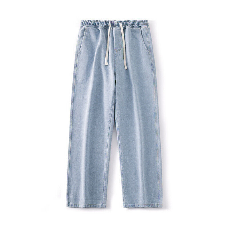 Mens Loose Wide Leg Denim Pants Drawstring Jeans Elastic Waist Baggy Trousers