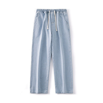 Mens Loose Wide Leg Denim Pants Drawstring Jeans Elastic Waist Baggy Trousers