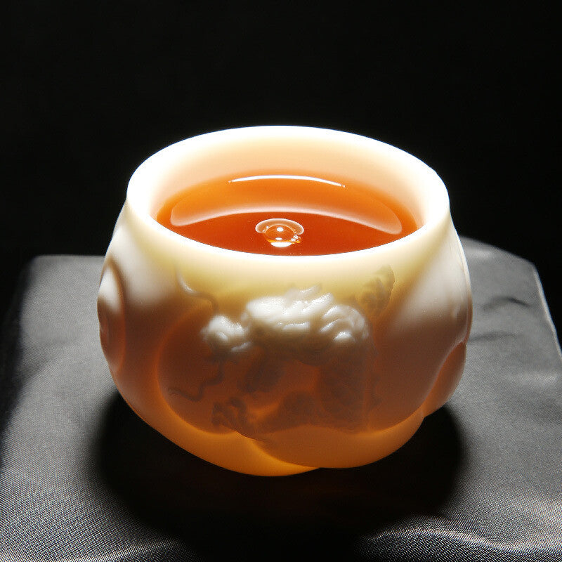 Handmade Teacup Dragon Engraved Carved Master Cup White China Personal Cup 100ml