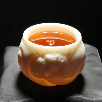 Handmade Teacup Dragon Engraved Carved Master Cup White China Personal Cup 100ml