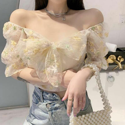 Women Dress Floral Puff Sleeve Lace Chiffon Print Mini Vintage Fairy Cotton Lace