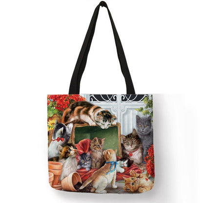 Cat Print Tote Bag Linen Reusable Shopping Bag Oil Painting Shoulder Shopper Bag