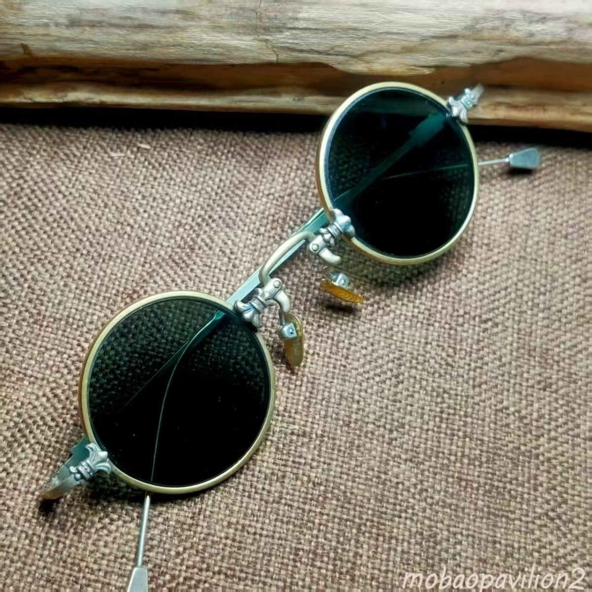Antique Vintage Copper Frame Crystal Stone Round Eyeglasses Brown Sunglasses