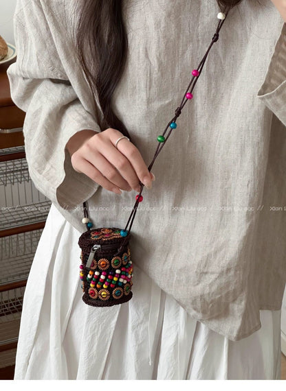 Bohemian Colorful Floral Woven Coconut Shell Mini Crossbody Bag
