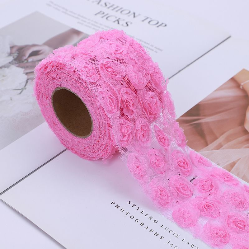 Party Decoration 5Yards DIY Rose Lace Fabric 3D Chiffon Flower Embroidered Decor
