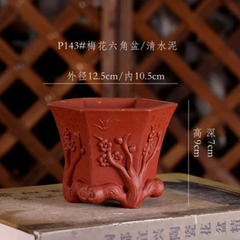 Purple Sand Plum Blossom Flower Pattern Bonsai Pot Tradition China Carved