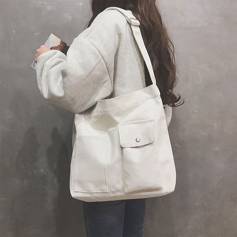 Bag Canvas Simple Soft Fashion Messenger Crossbody Shoulder Bags 39*34*7cm White