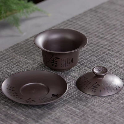 Purple Sand Cover Bowl Yixing Pure Handmade Calligraphy Tea Bowl Gift Bowl Cup