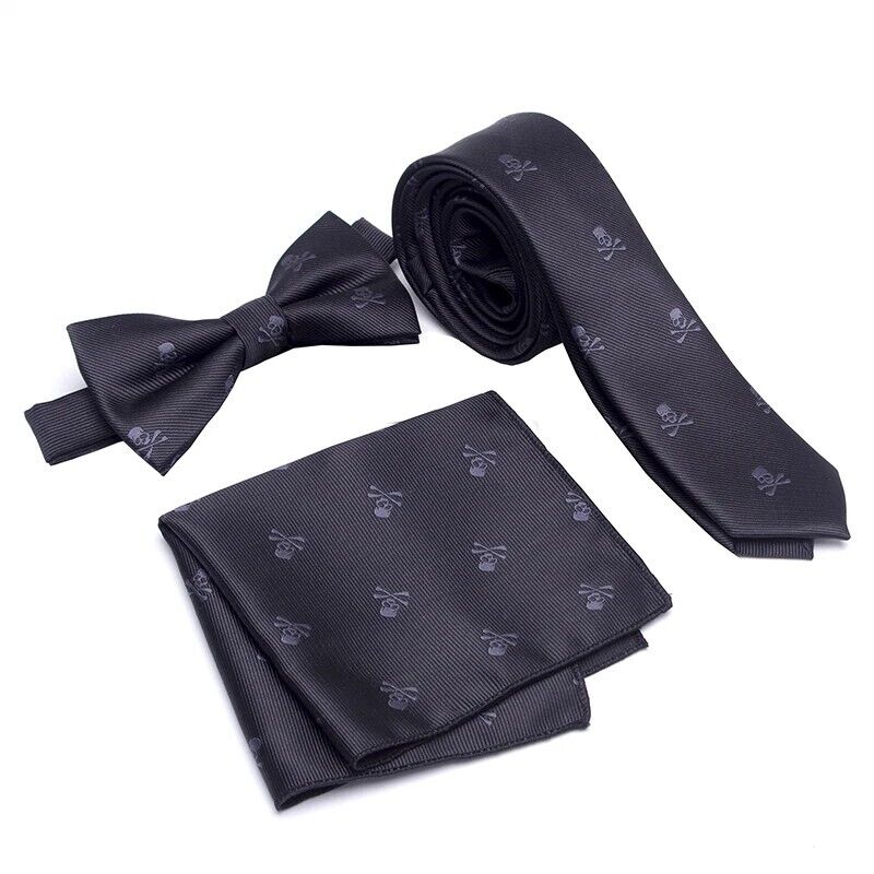 Men Necktie 3Pcs Set Polyester Bowtie Slim Cartoon Skeleton Fashion Dress Cravat