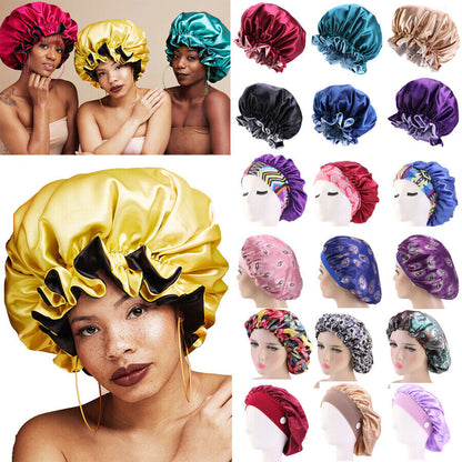 Silk Night Sleep Cap Hair Bonnet Hat Satin Wide Band Large Jumbo Head Cover Size