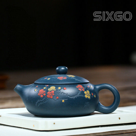 Chinese Yixing Zisha Pottery Celeste Clay 200ML Plum Blossom Flat Xishi Teapot