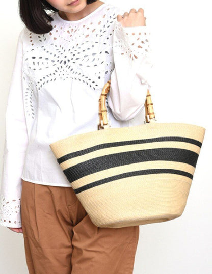 Fashion Bag Shoulder Striped Straw Bamboo Handle Handbag Woven Bags Purse Hasp