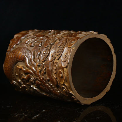 Old Chinese Natural Bamboo Hand Carved Exquisite Dragon Brush Pot Pen Holder