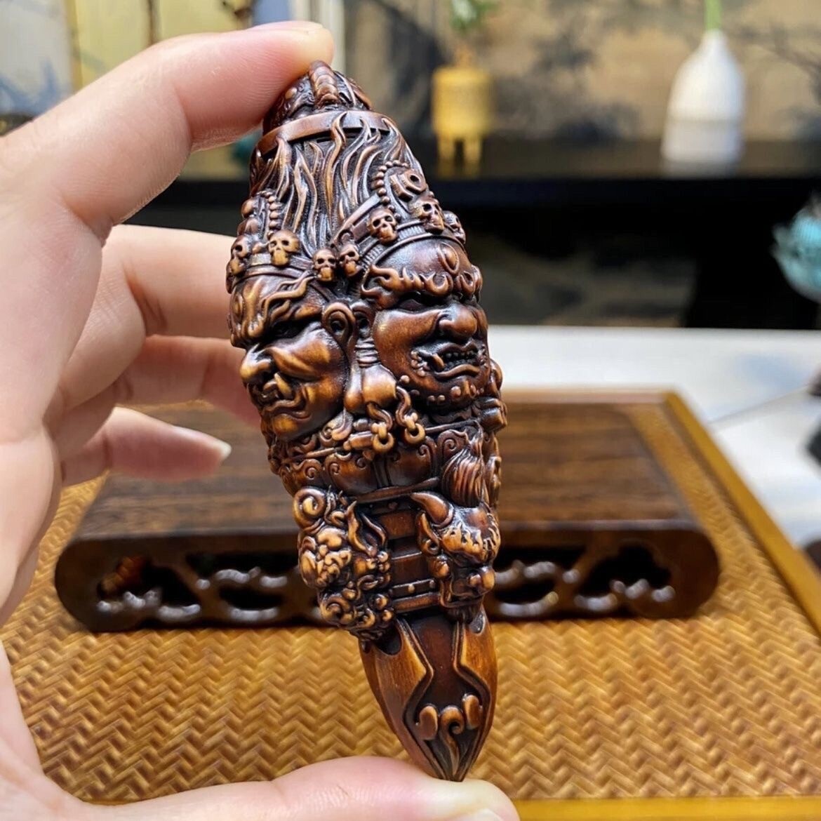 Old Boxwood Carved Mahakala Vajra Dorje Phurpa Exorcism Talisman Buddhism Decor