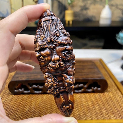 Old Boxwood Carved Mahakala Vajra Dorje Phurpa Exorcism Talisman Buddhism Decor
