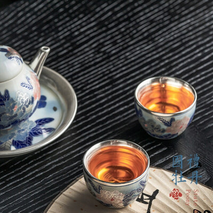 Boutique Tea Set Ceramic Pure Silver Tea Pot Gaiwan Matching Tea Cup Handpainted