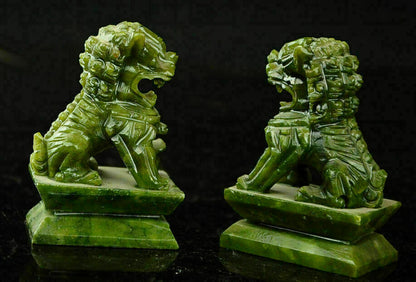 A Pair 100% China Natural Jade Hand-carved Statues Fo Dog Lion Rare