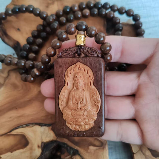 8mm*108 Prayer Beads Natural Wood Guanyin Buddha Lucky Pendant Blessing Necklace
