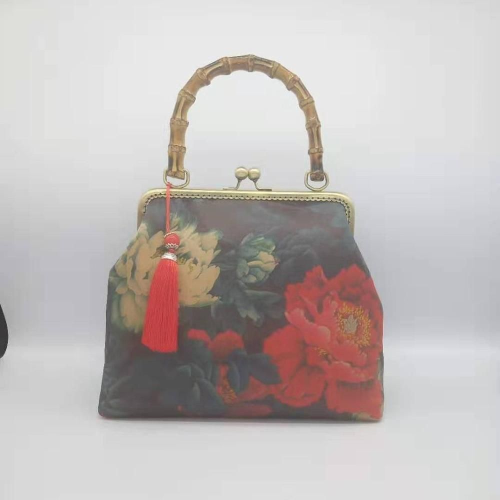 Lock Shell Bags Wood Vintage Flowers Chain Shoulder Crossbody Bag Tote Handbag