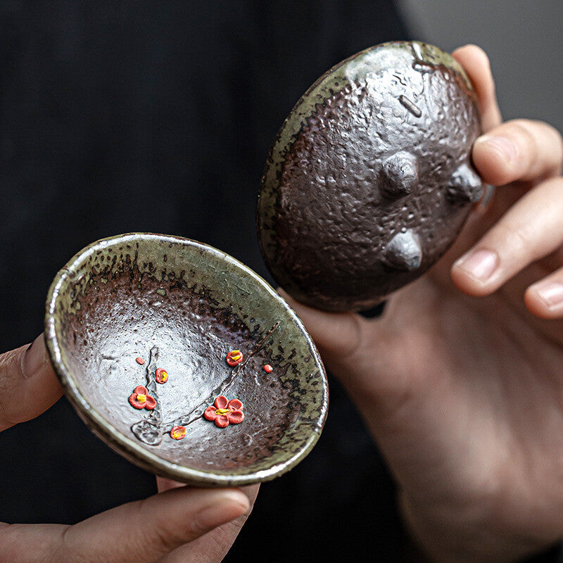 35ml Handmade Tea Cup Antique Style Kungfu Tea Cup Ceramic Crude Potery Floral