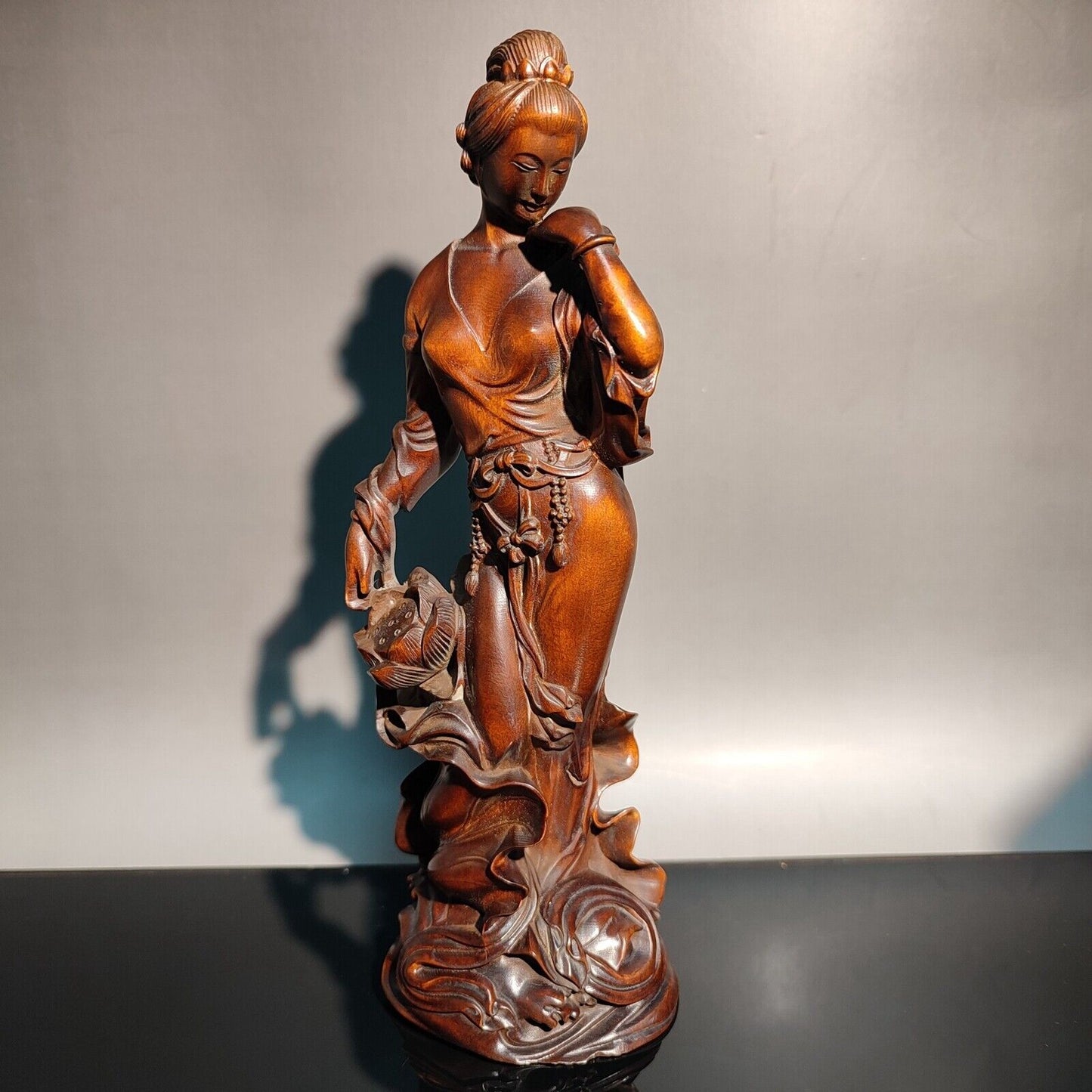7" beautiful fairy pretty woman figurine sexy wood decor statue carving Buddhism
