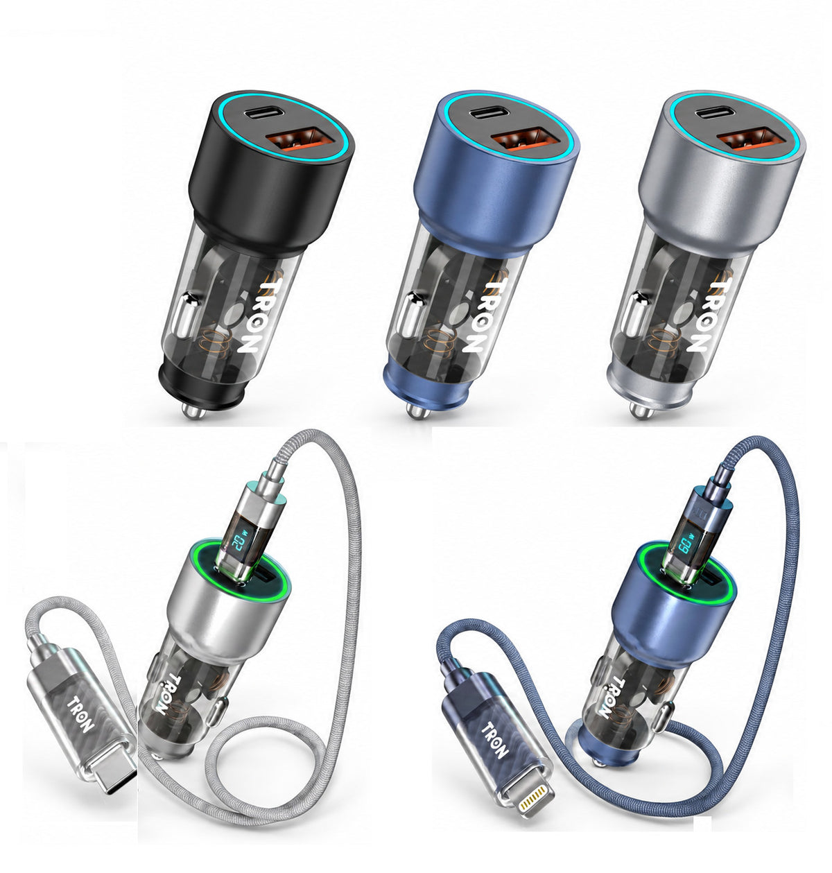 TRON 48W Dual Port Transparent Car Charger, USB-C + A Fast Charger for 12V/24V