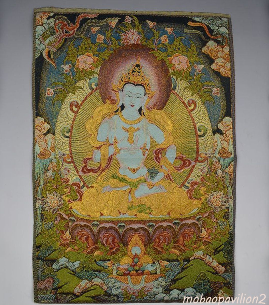 24"Old Chinese Silk Embroidery Tibetan Buddhist Thangka Vajrasattva Mahāsattva